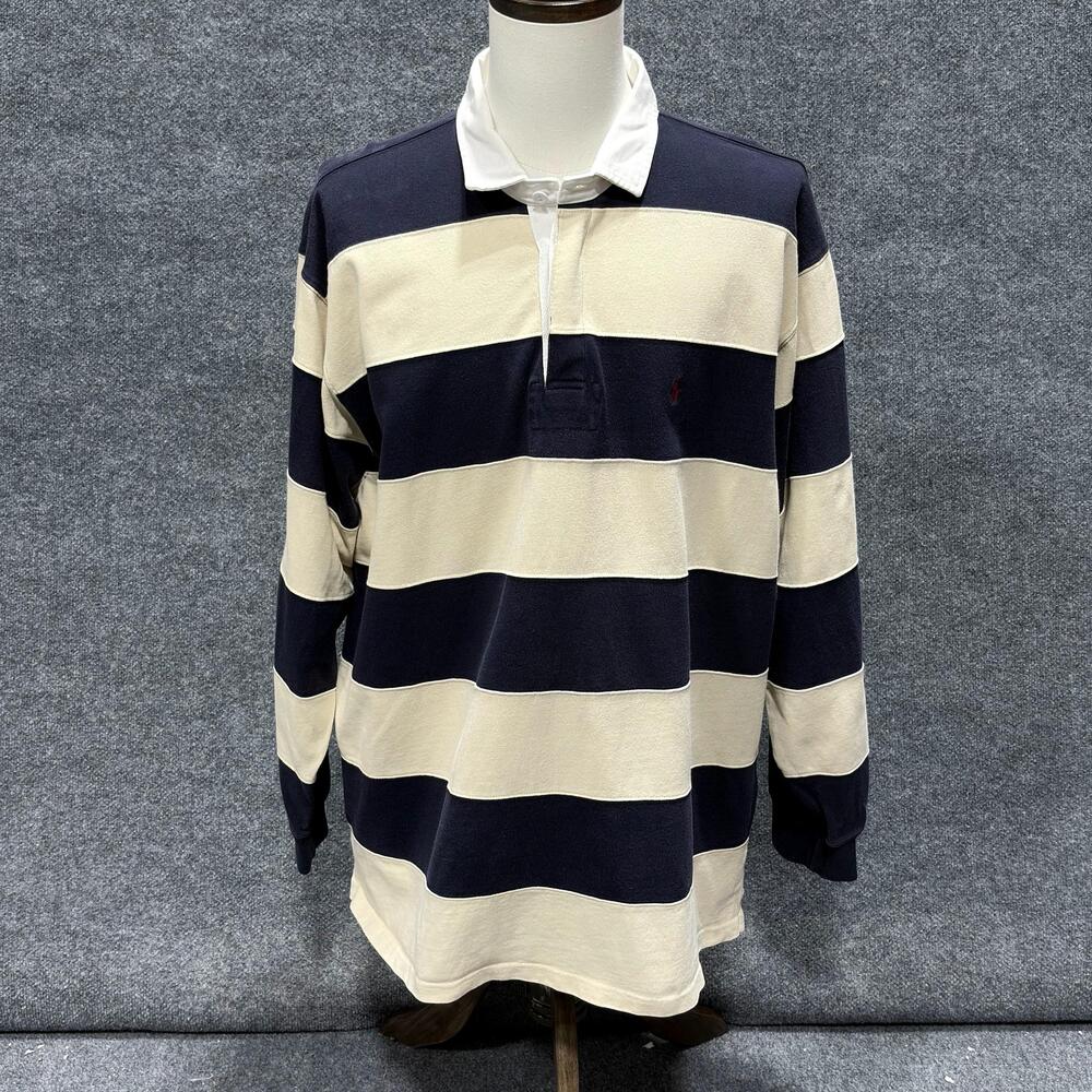 Polo By Ralph Lauren Polo Shirt Mens 2XL Navy Beige Rugby Stripe Long Sleeve